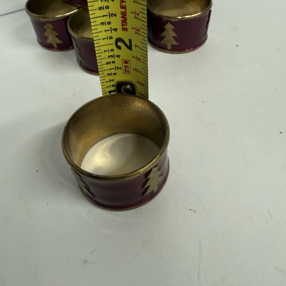 Set of 8 Brass Christmas Napkin Rings Burgundy Christmas Tree - Picture 7 of 8